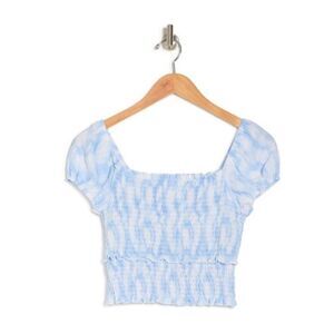 NWT LUSH Blue and White Swirl Smocked Short Sleeve Crop Top Size L